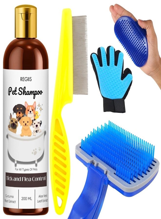 شامبو للحيوانات الأليفة للكلاب، لمكافحة القراد والبراغيث بخلاصة جذور الكركم والصبار، 200 مل، مجموعة كاملة للعناية بالحيوانات الأليفة مع فرش ومشط وقفاز (5 قطع) - Image 1